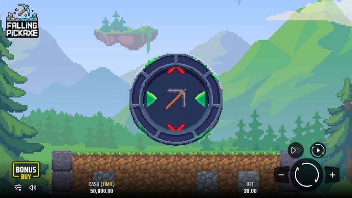 Falling Pickaxe at the start of a round, with the pickaxe shown in the launch dial